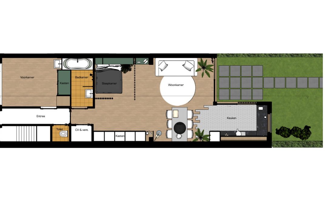 Plattegrond nieuwe situatie benedenwoning Boomstraat Utrecht met praktijkruimte en uitbouw