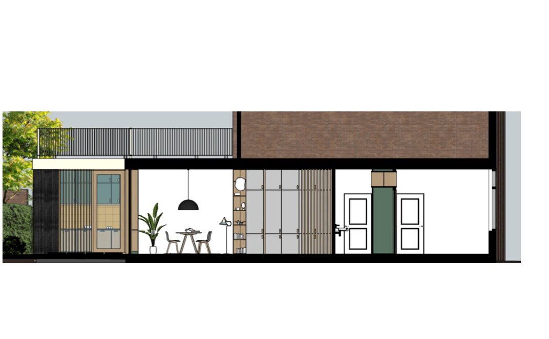 Doorsnede nieuwe situatie benedenwoning met uitbouw aan de tuinzijde