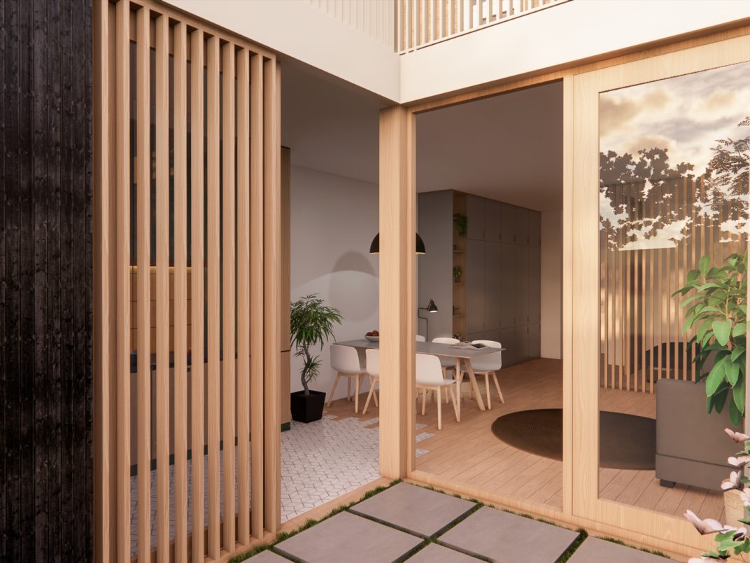 Ontwerp uitbouw benedenwoning Utrecht met open schuifpui en houten lattenwand