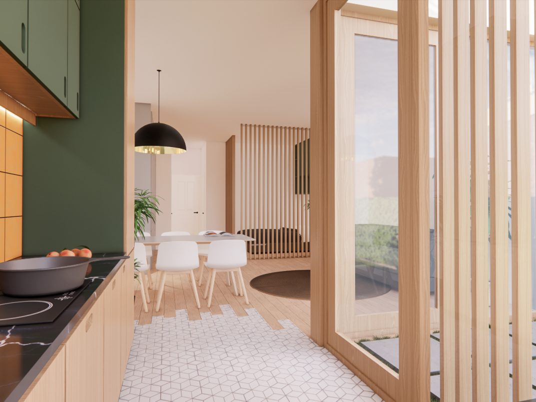 Doorkijk langs de keuken naar de eethoek met houten lattenwand