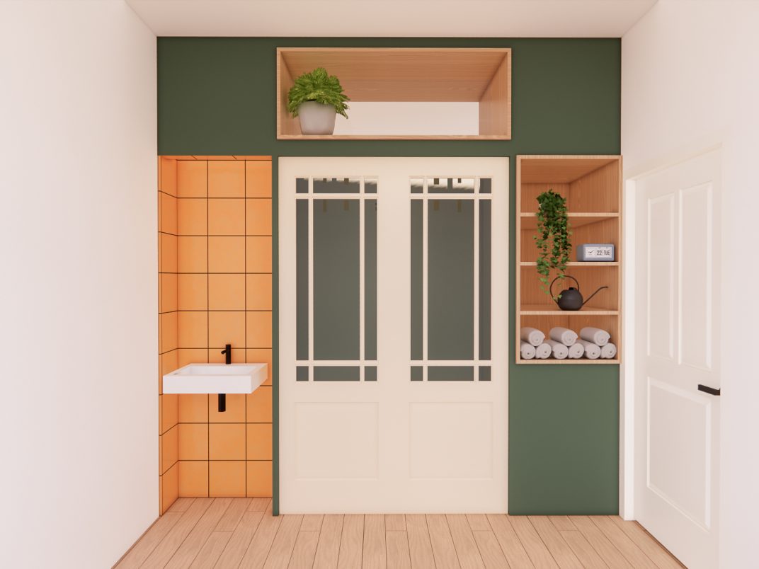 Praktijkruimte in de voorkamer met maatwerkmeubel, wastafel en kast
