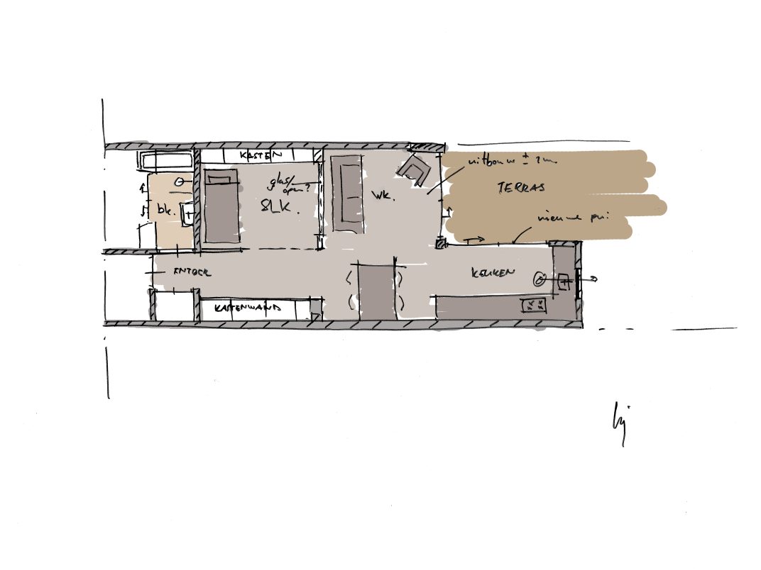 Handgetekende schets van de nieuwe indeling van de benedenwoning