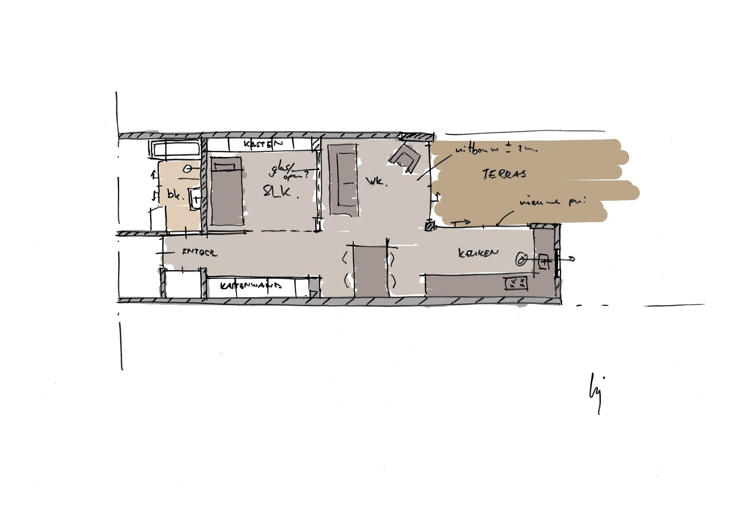 Handgetekende schets van de nieuwe indeling van de benedenwoning